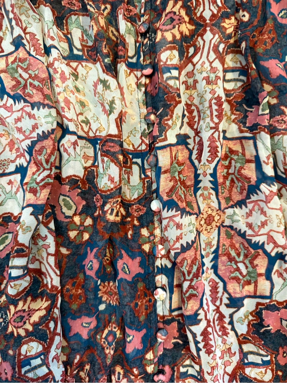 Anthropologie Estela Sheer Printed Blouse Medium Boho Rug Print Balloon Sleeve - Picture 9 of 16